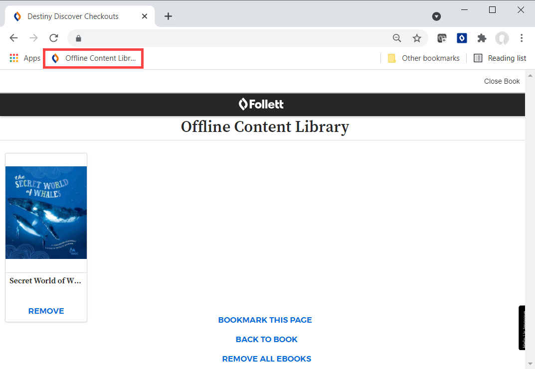 Offline Content Library with browser bookmark highlighted.